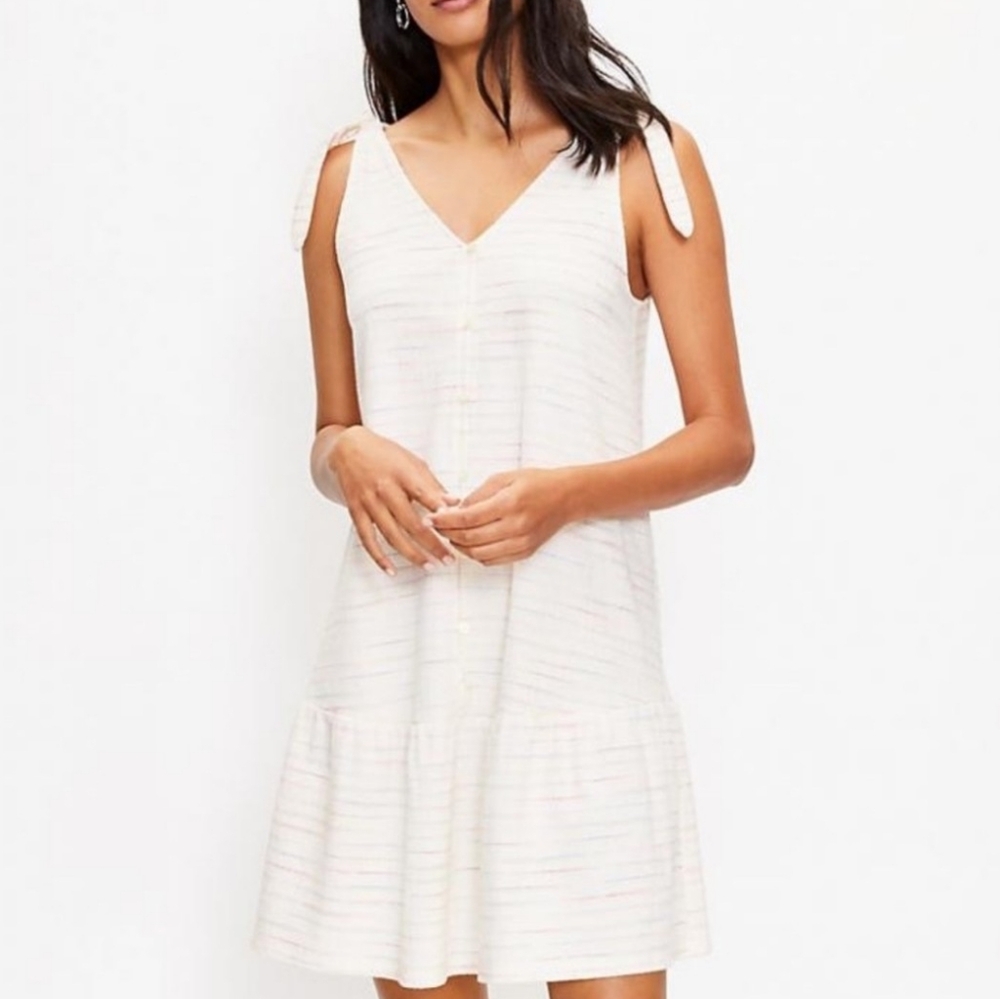 LOFT Stripes Sleeveless Bow Strap Drop Waist Flounce Ivory/White/Multicolor XS